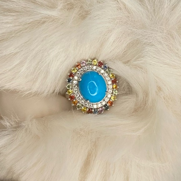 Premium Sleeping Beauty Turquoise and Multi Gemstone Double Halo Ring-Size 6 - Picture 7 of 7